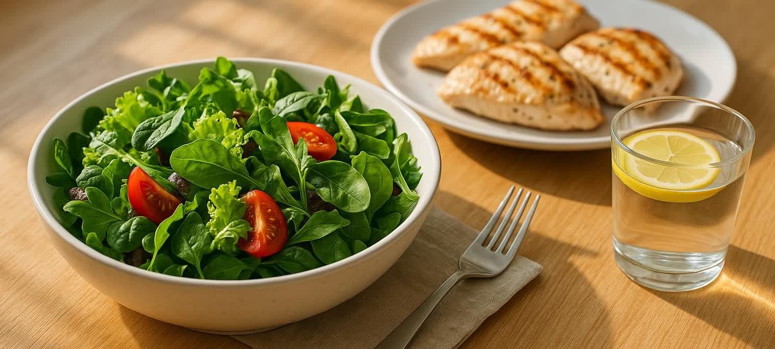 A healthy lunch with a bowl of fresh green salad with tomatoes, a plate of grilled chicken breasts, and a glass of water with a lemon slice, on a wooden table.