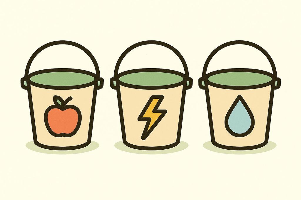 Three simple cartoon buckets illustrating nutrition, workout energy, and hydration. The first bucket has a red apple, the second a yellow lightning bolt, and the third a blue water drop.