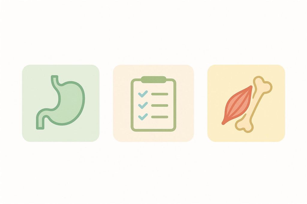 Icons for Prenuvo (gastric system symbol), guideline screenings (checklist), and DEXA (muscle and bone symbol), illustrating different tools for addressing distinct health questions.
