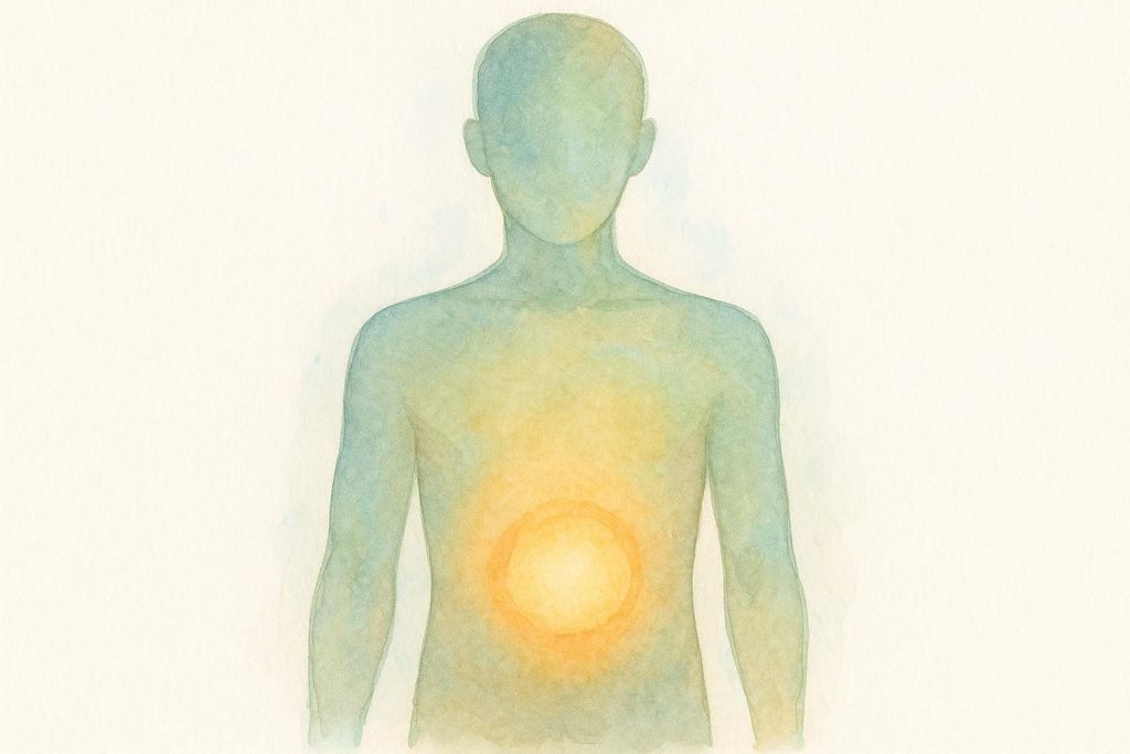 A watercolor illustration of a human silhouette with an orange glowing circle in the abdominal area, indicating the location of visceral fat.