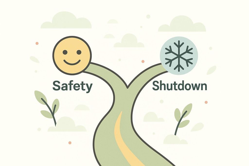 A polyvagal theory diagram illustrating two paths: 'Safety' represented by a yellow smiley face, and 'Shutdown' represented by a blue snowflake, both stemming from a single path and diverging.