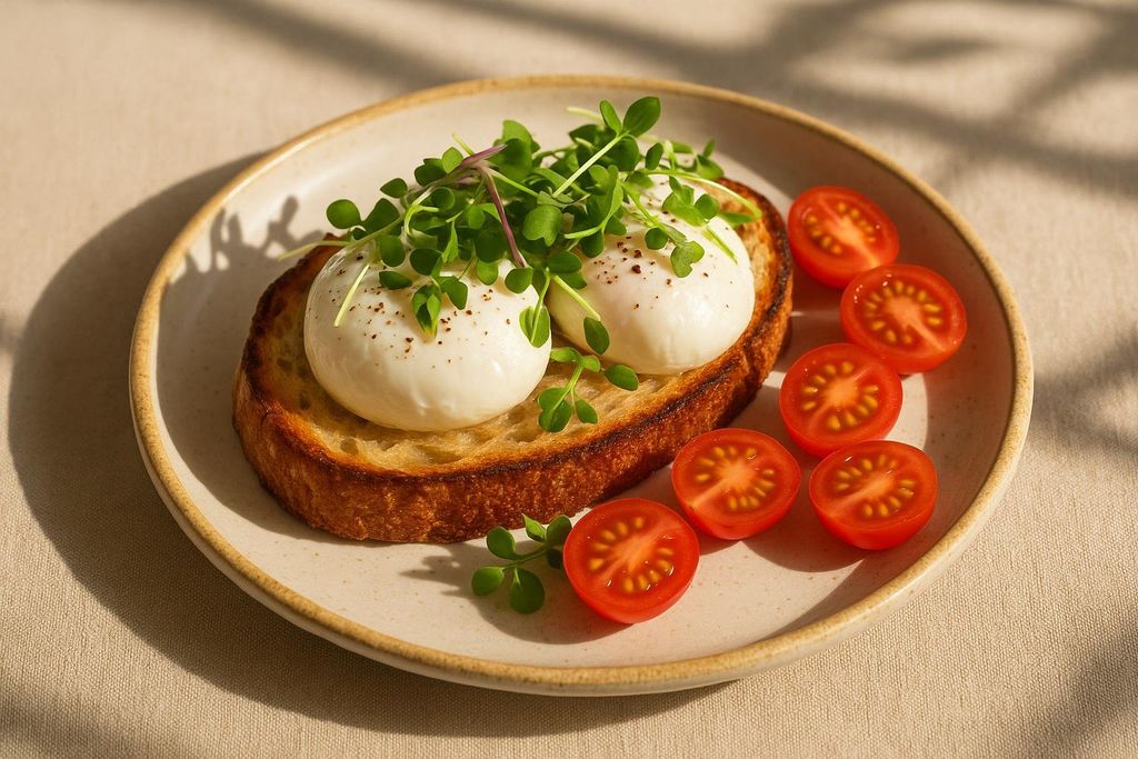 Toasted sourdough slice topped with two perfectly poached eggs, garnished with fresh microgreens and a sprinkle of pepper, served on a light-colored plate alongside six halved cherry tomatoes. The dish is illuminated by natural sunlight, casting gentle shadows.