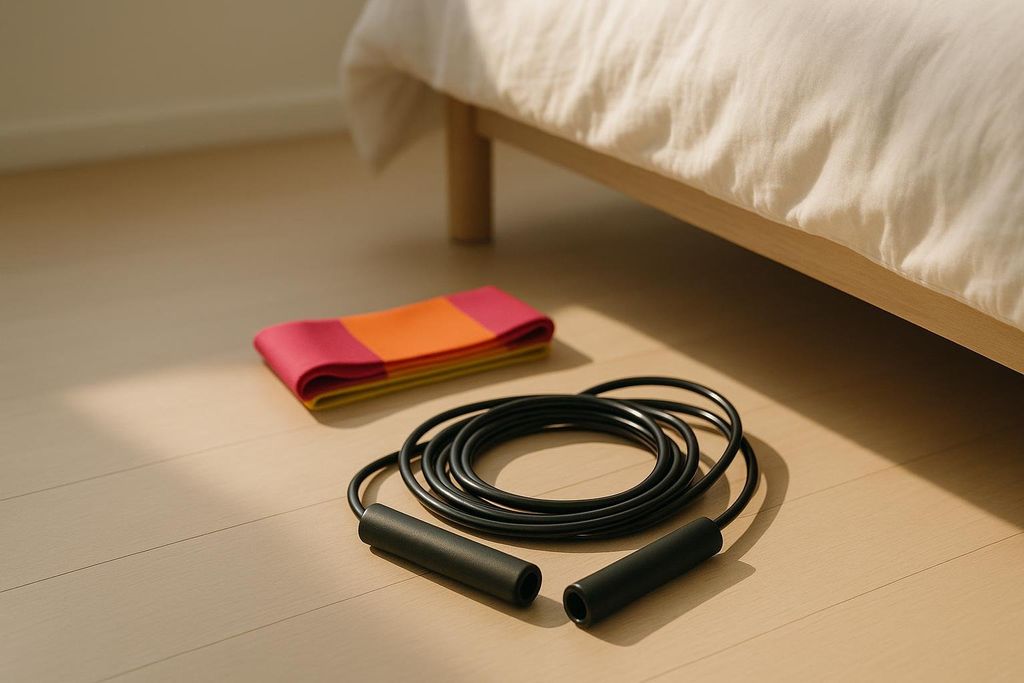 A black jump rope and a folded red, orange, and yellow resistance band lie on a light wood floor next to a bed with white sheets, ready for a morning workout.