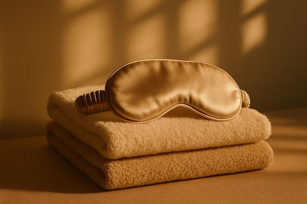 A beige satin sleep mask rests atop a stack of two cream and beige folded towels, illuminated by warm, soft lighting that casts a gentle shadow on the back wall, suggesting a tranquil and luxurious setting.