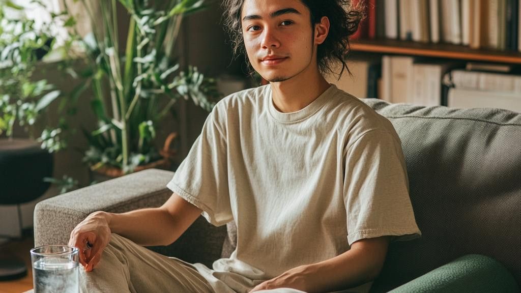 A young man with dark curly hair and a light t-shirt sits smiling on a couch. There are plants and a bookshelf in the background.