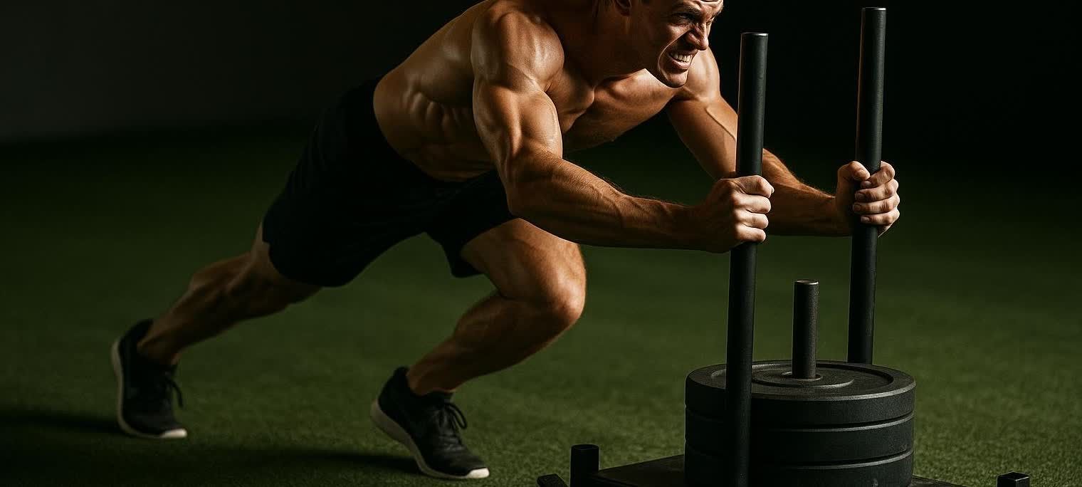 A muscular male athlete intensely pushing a weighted sled forward on green indoor turf, with a determined expression on his face.