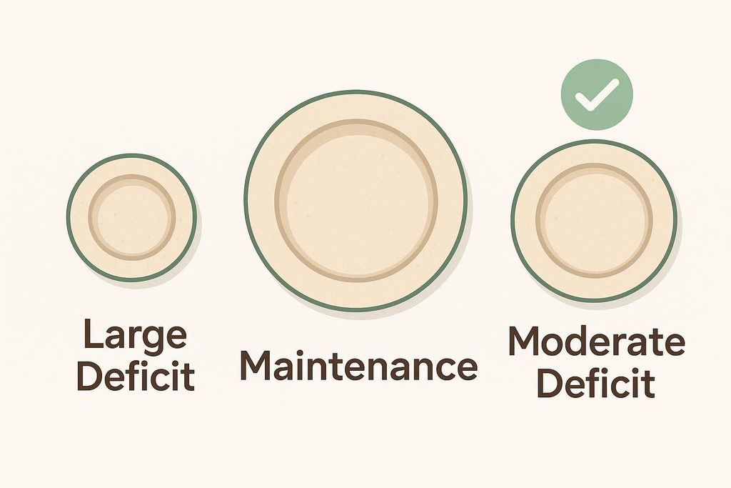 An illustration comparing plate sizes for large calorie deficit, maintenance, and moderate calorie deficit. The moderate calorie deficit plate has a checkmark, indicating it's the ideal choice.