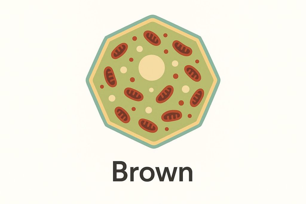 An octagonal diagram of a brown fat cell, showing numerous red mitochondria and small white and red dots within a light green cytoplasm. The word 'Brown' in black text is below the diagram.