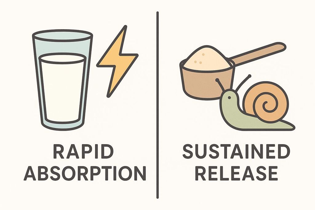 Vector infographic illustrating 'Rapid Absorption' with a glass of milk and a lightning bolt, and 'Sustained Release' with a scoop of powder and a snail. The image visually contrasts two different rates of absorption or release.