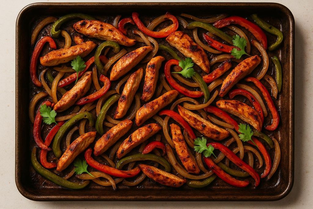 A top-down view of a dark sheet pan filled with freshly baked chicken fajitas, featuring strips of seasoned chicken breast, vibrant red and green bell peppers, and sliced onions, garnished with a few sprigs of cilantro.