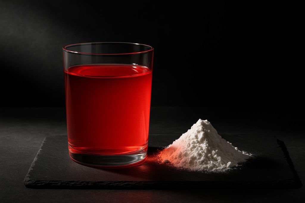 A glass of clear red liquid and a pile of white powder sit next to each other on a dark surface against a black background.