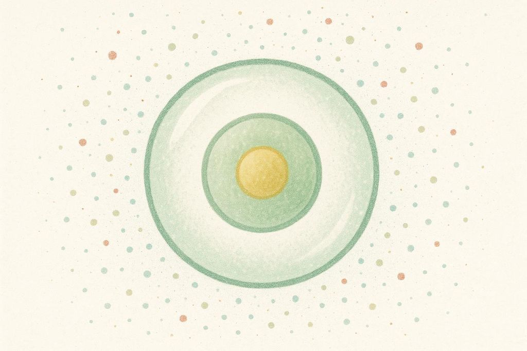 An illustration showing a central yellow circle surrounded by two concentric green and light blue circles, symbolizing a cell protected from external oxidative stress factors represented by scattered dots in different colors.