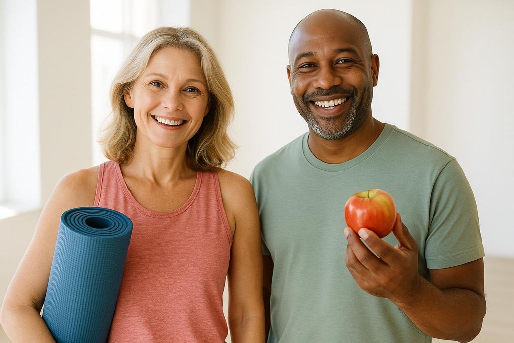A smiling white woman in a pink tank top holds a yoga mat next to a smiling Black man in a green t-shirt holding an apple. They appear to be in a light-filled gym or studio, representing a healthy lifestyle.