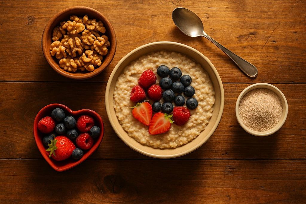Overhead shot of a bowl of oatmeal topped with blueberries, raspberries, and sliced strawberries, a small heart-shaped bowl of mixed berries, a bowl of walnuts, and a small bowl of psyllium husk powder, all arranged on a wooden table with a spoon.