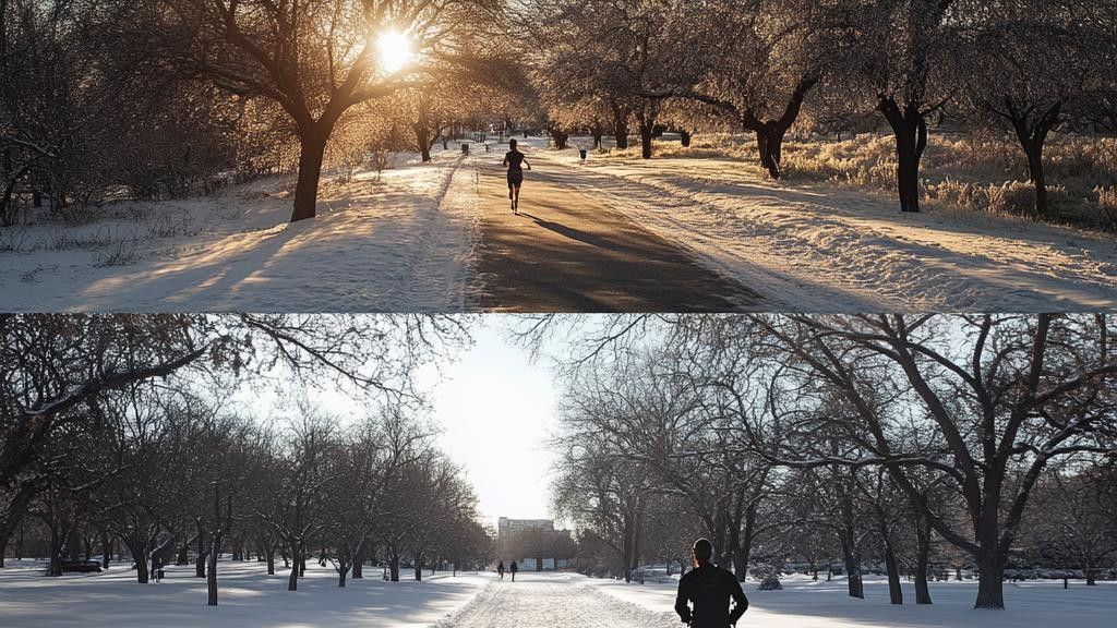 Two different images of people walking in a snowy park are presented side-by-side. The upper image shows a person walking on a cleared path away from the camera, with the sun setting behind them. The lower image shows a person walking towards the camera on a snow-covered path, with trees lining the path and buildings in the background.