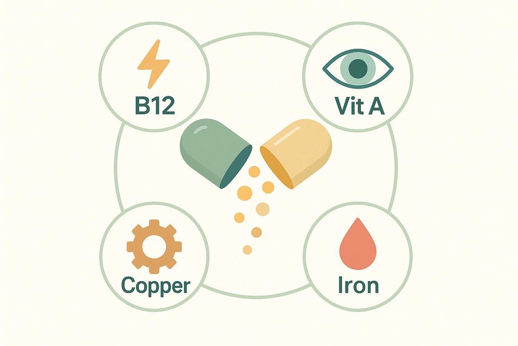 A diagram showing the four key micronutrients found in a beef liver supplement: B12 (represented by a lightning bolt), Vitamin A (represented by an eye), Iron (represented by a blood drop), and Copper (represented by a gear icon). In the center, a capsule is split open with small circular particles spilling out.