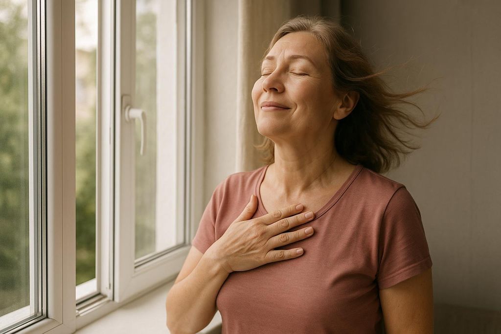 A woman with her eyes closed and a serene expression smiles as a gentle breeze blows her hair, while she places a hand on her chest by an open window. The scene suggests a sense of relief or contentment.