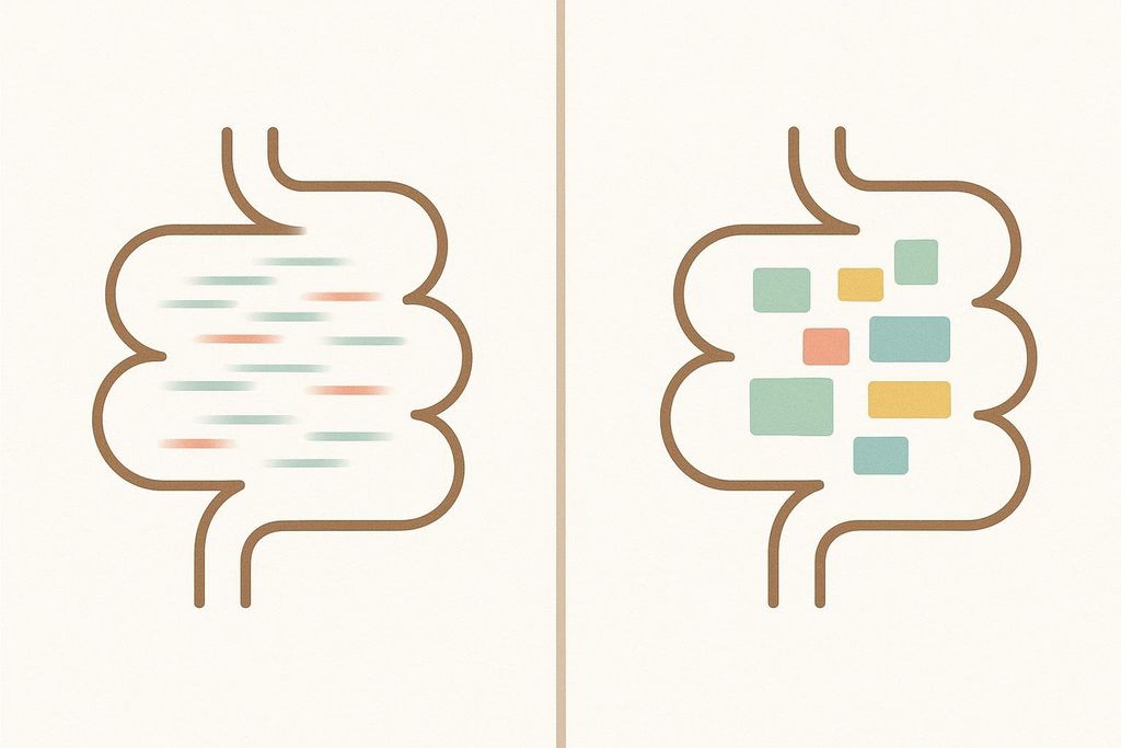 A comparative illustration showing rapid, blurred motion (representing diarrhea) in a gut icon on the left, and static, colored blocks (representing constipation) within another gut icon on the right.