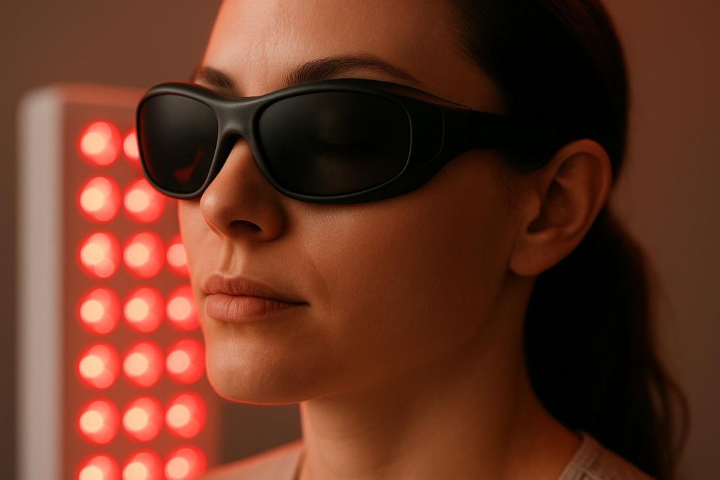 Close-up of a woman wearing black protective goggles during a red light therapy session.