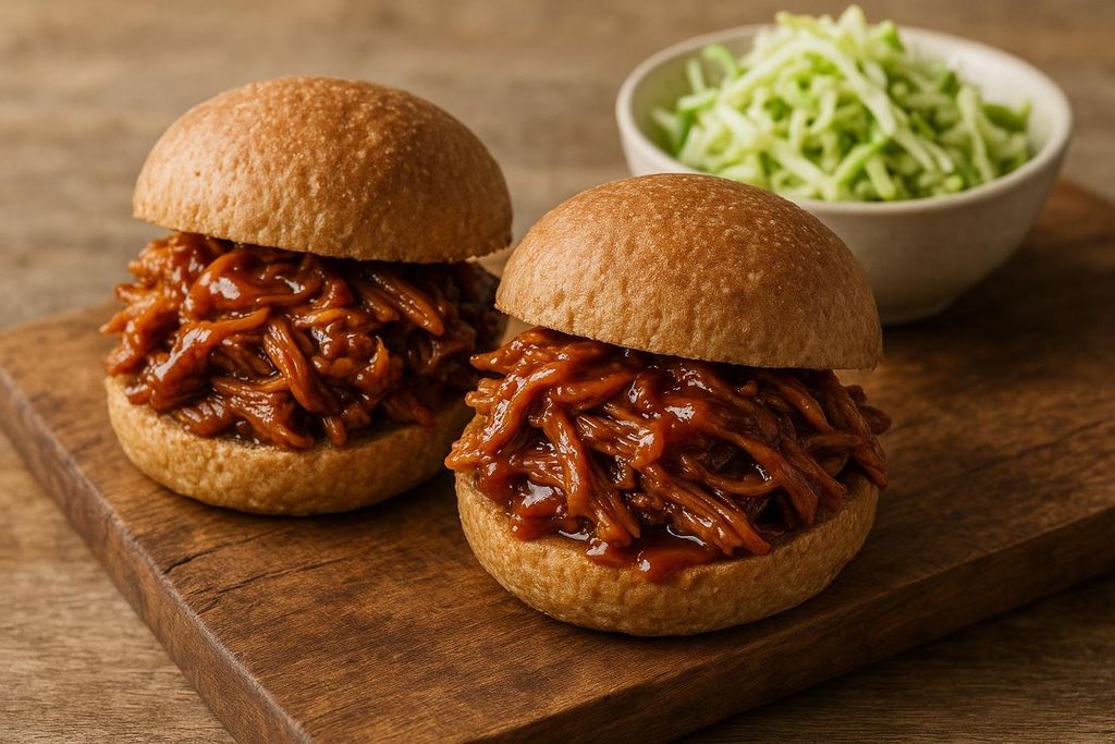 Two whole-wheat BBQ pulled pork sliders on a wooden board. A small bowl of green shredded vegetable (possibly coleslaw) is blurred in the background.