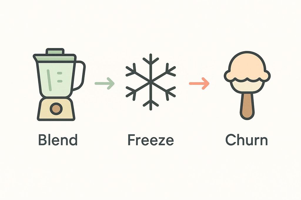 A three-step diagram illustrating the process of making ice cream, with icons for 'Blend' (a blender), 'Freeze' (a snowflake), and 'Churn' (an ice cream cone).