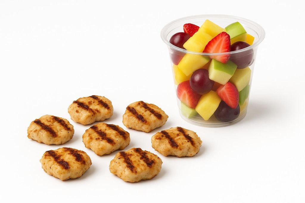 Seven grilled chicken nuggets arranged on a white surface next to a clear plastic cup filled with a colorful fruit salad. The fruit salad contains diced pineapple, green apple, strawberries, and red grapes.