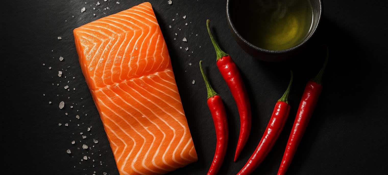 An assortment of thermogenic foods like salmon, chili peppers, and green tea.