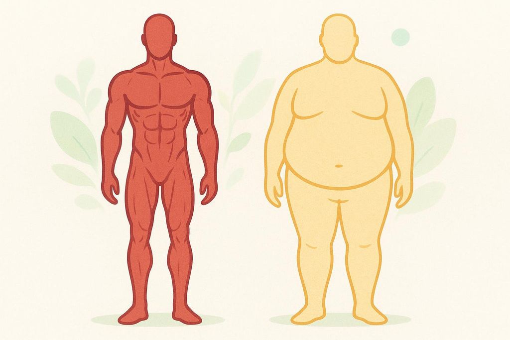 Illustration depicting two human body shapes, one lean and muscular in red tones, and one larger with more fat in yellow tones.