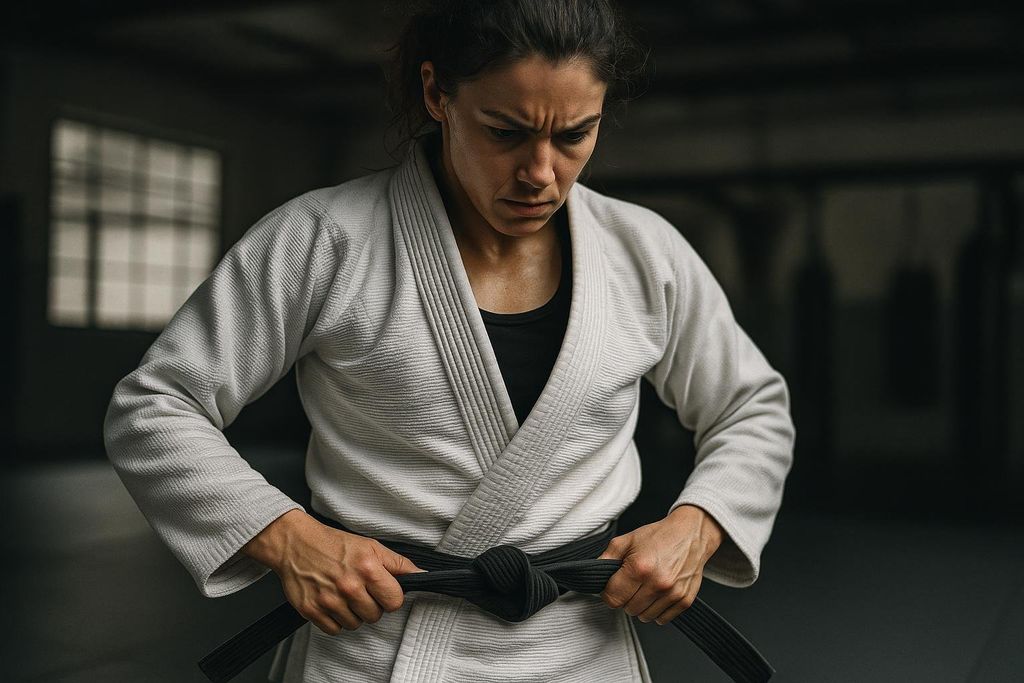 A strong female Brazilian Jiu-Jitsu athlete with a focused and determined expression, tying her black belt around her white gi, ready for training or combat.
