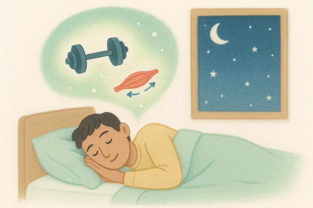 Illustration of a person sleeping peacefully in bed at night. A thought bubble above their head shows a dumbbell and a flexing muscle, symbolizing muscle growth and recovery during sleep. A window in the background shows a starry night sky with a crescent moon.