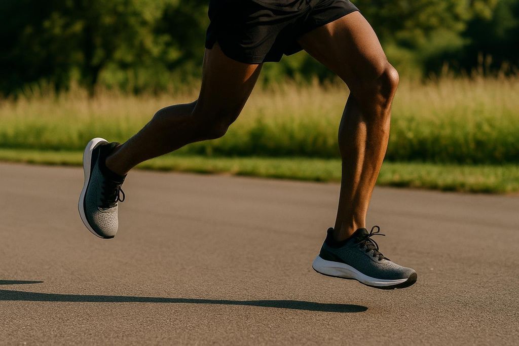 Close-up of a runner's legs and feet in motion on a paved path, with green foliage in the background. The runner is wearing black shorts and gray and white athletic shoes.