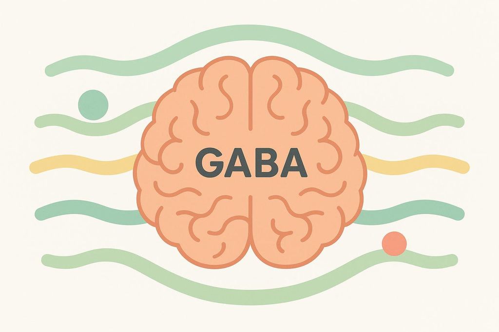 A soft orange cartoon illustration of a brain with the word 'GABA' written in its center. The brain is surrounded by light green and yellow wavy lines and faint circles, creating a calm and serene visual.