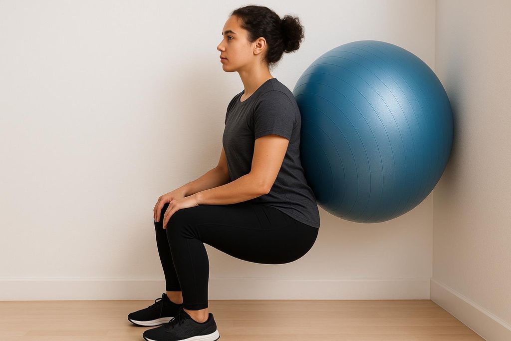 A person with dark hair in a bun, wearing a grey t-shirt and black leggings, performs a wall squat with a blue stability ball against their back and a light-colored wall. They are looking to the left with a focused expression.