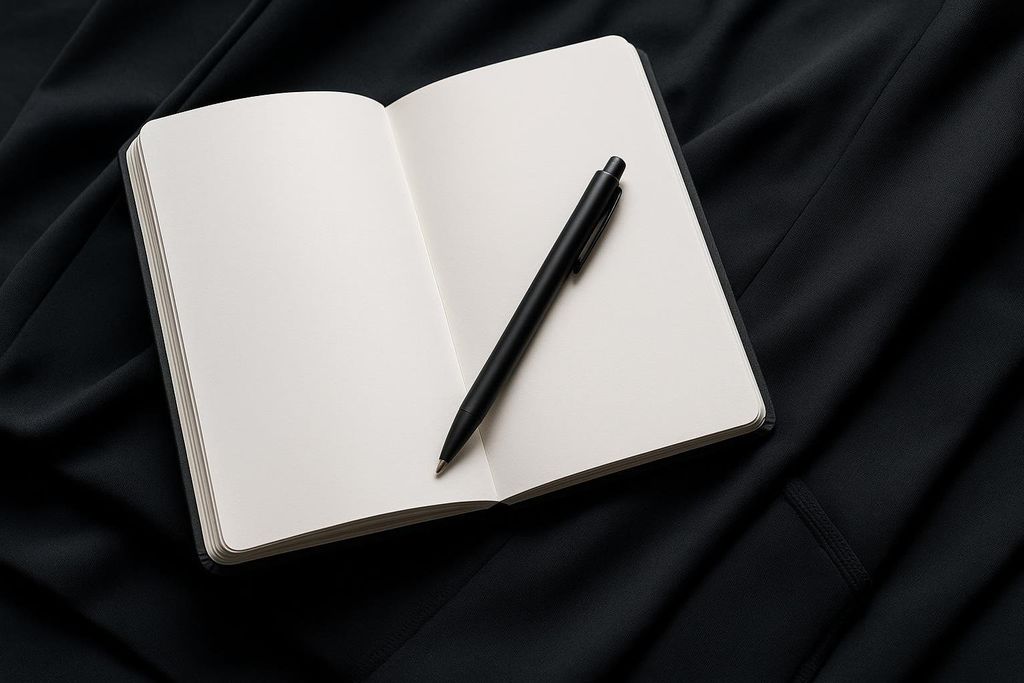 An open, blank journal with white pages and a black pen resting on the right page, all on a draped black fabric background.