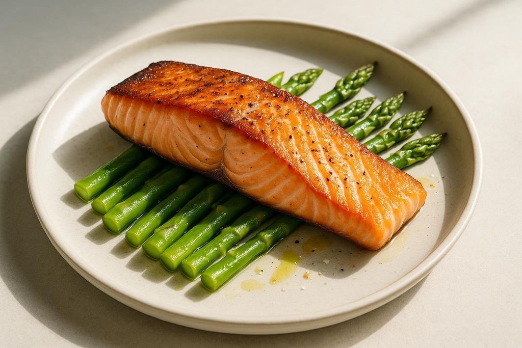 A close-up shot of a perfectly cooked salmon fillet, seasoned with pepper, resting on a bed of bright green asparagus spears on a light-colored plate.