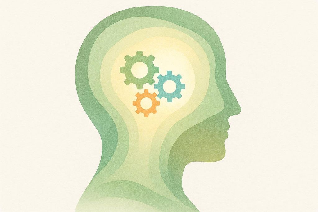 An abstract illustration of a calm, clear mind, depicted as a head silhouette with layers of green and yellow, containing three colorful gears (green, blue, orange) within.