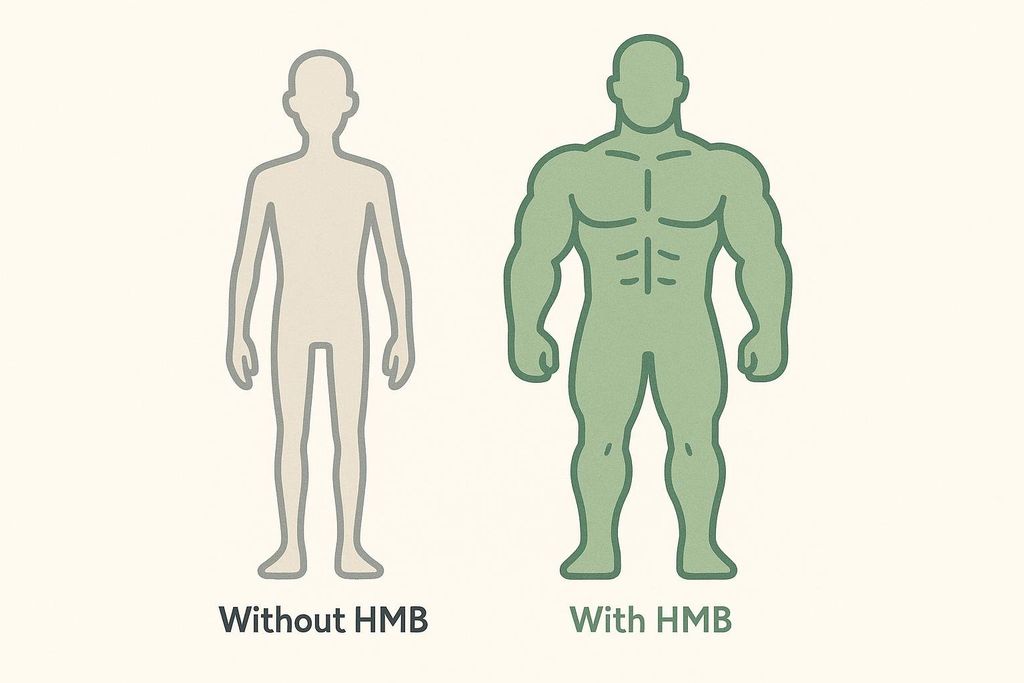 Two human body silhouettes are shown side-by-side on a light background. The silhouette on the left is light grey with a thin outline, representing a person 'Without HMB' (beta-hydroxy-beta-methylbutyrate). This figure has a slender, undefined physique. The silhouette on the right is green with a thicker outline, representing a person 'With HMB'. This figure is significantly more muscular and well-defined, illustrating muscle preservation or growth.
