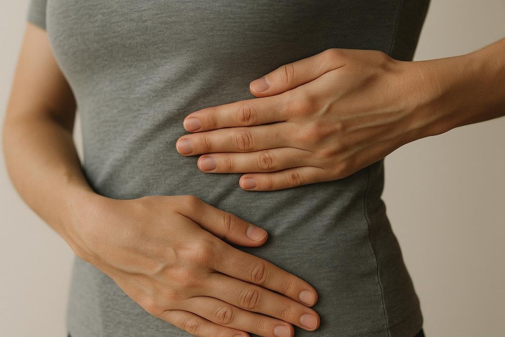 A close-up shot of a person's torso, wearing a grey t-shirt, with their hands placed on their sides, seemingly feeling for the lowest rib and hip bone to accurately find the correct spot for waist measurement.