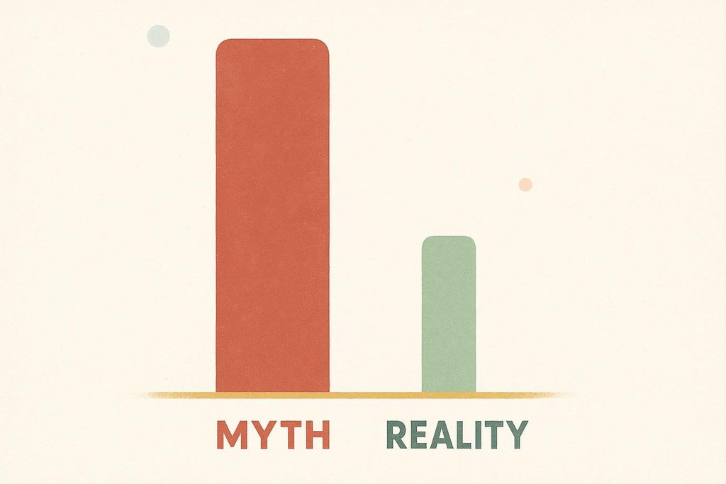 An abstract illustration depicting two vertical bars, one tall red bar labeled 'MYTH' and one shorter green bar labeled 'REALITY', suggesting that the perceived 'myth' is significantly larger than the actual 'reality'.