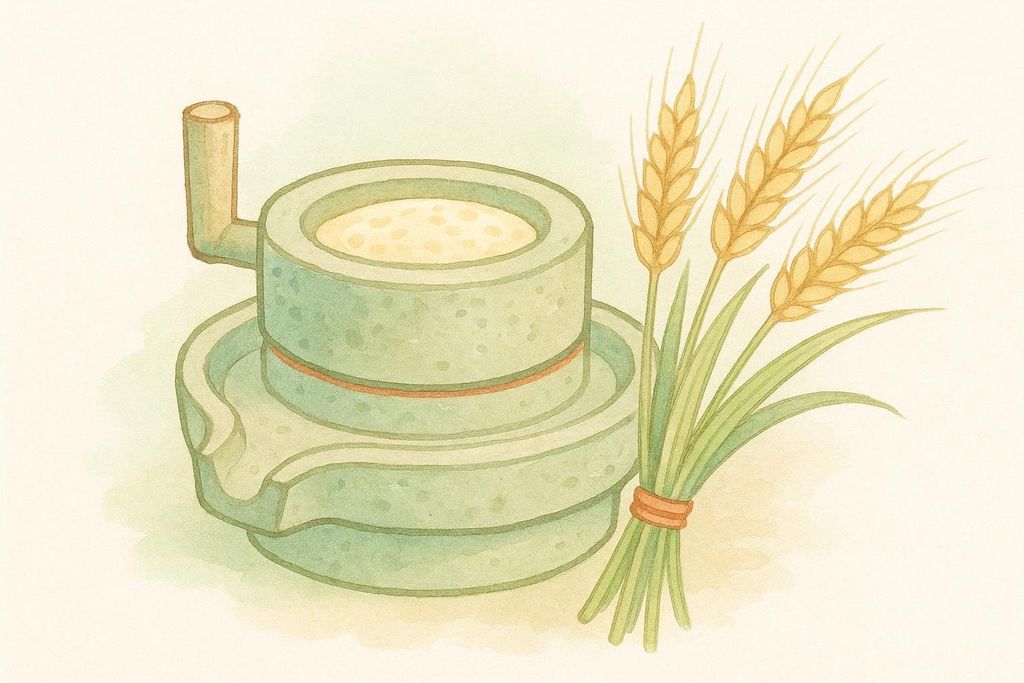 A watercolor illustration of an ancient stone grain mill, with a pile of golden wheat stalks tied together beside it. The mill has a handle and is filled with light yellow grain.