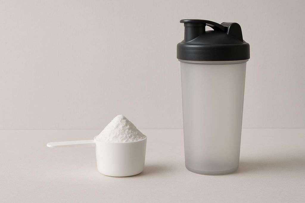 A white scoop overflowing with creatine powder stands next to a clear frosted protein shaker bottle with a black lid, set against a plain light background.