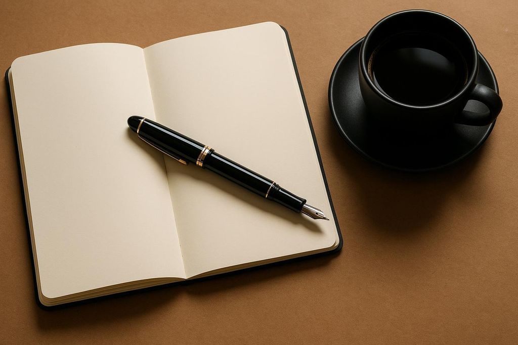 An open, blank notebook with a black and gold fountain pen resting on it. To the right, there's a black coffee cup filled with coffee on a matching saucer, all set against a brown background.