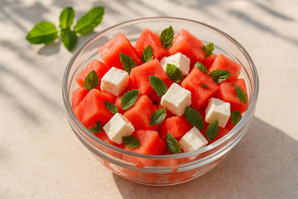 A clear glass bowl filled with vibrant red cubes of watermelon, white cubes of feta cheese, and fresh green mint leaves. The bowl is set on a light-colored surface with blurred shadows in the background, suggesting sunlight.