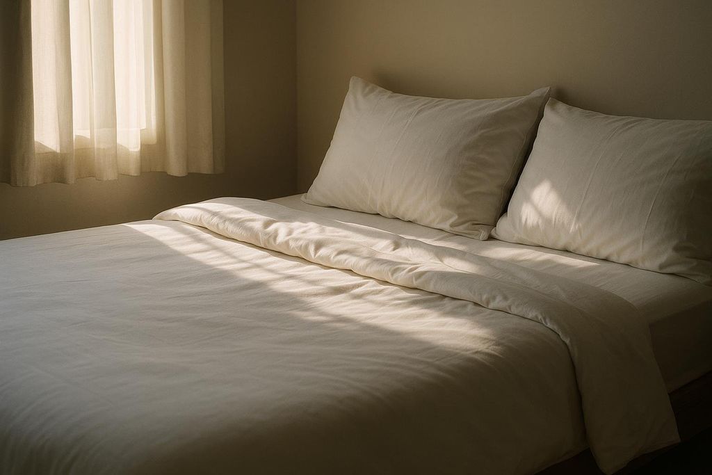 A minimal bedroom scene with a bed covered in light-colored bedding, illuminated by shafts of morning sunlight filtering through a window with sheer curtains.