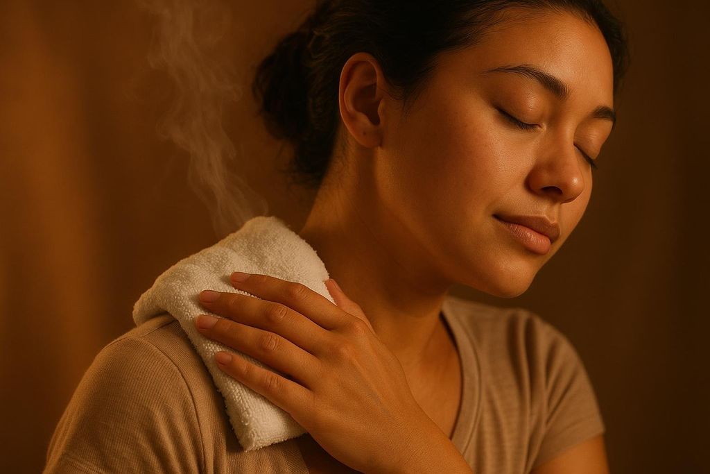 A woman with her eyes closed, looking relaxed, applies a white steaming warm compress to her shoulder for muscle relief.