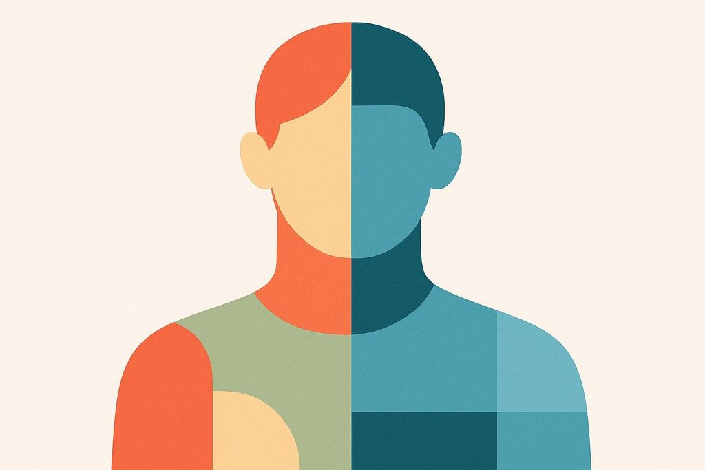 An abstract illustration of a human silhouette split down the middle. The left side is composed of warm tones like orange and light yellow, while the right side uses cool tones of blue.