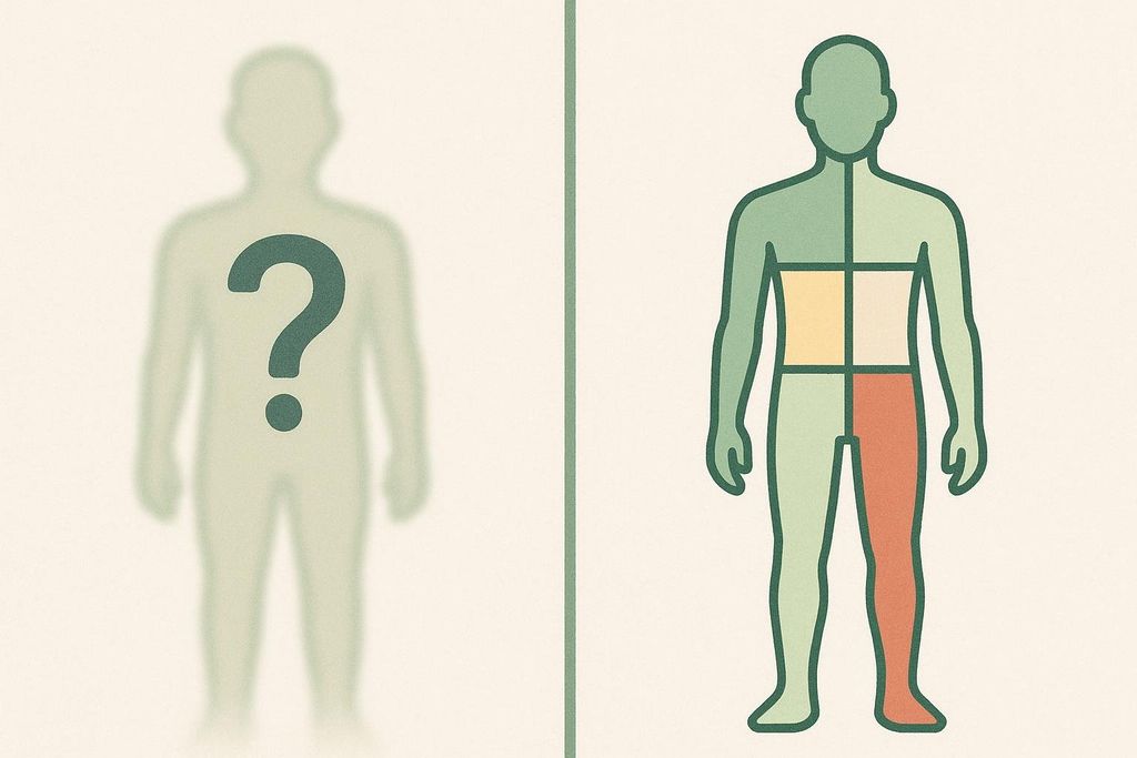 A split image illustrating the difference between imprecise and precise body measurement. The left side shows a blurry outline of a person with a question mark, representing imprecision. The right side shows a clear outline of a person segmented into different areas by color, representing precise body composition tracking.