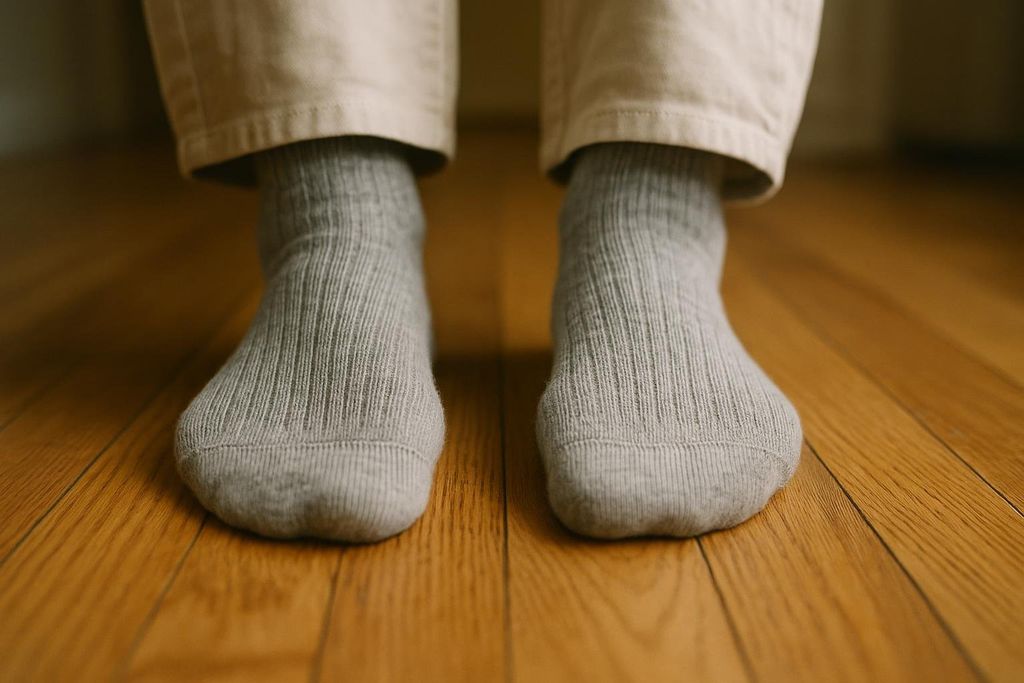 A low-angle shot of a person's feet, clad in light gray ribbed socks and the cuffs of light-colored pants, resting flat on a warm-toned wooden floor.
