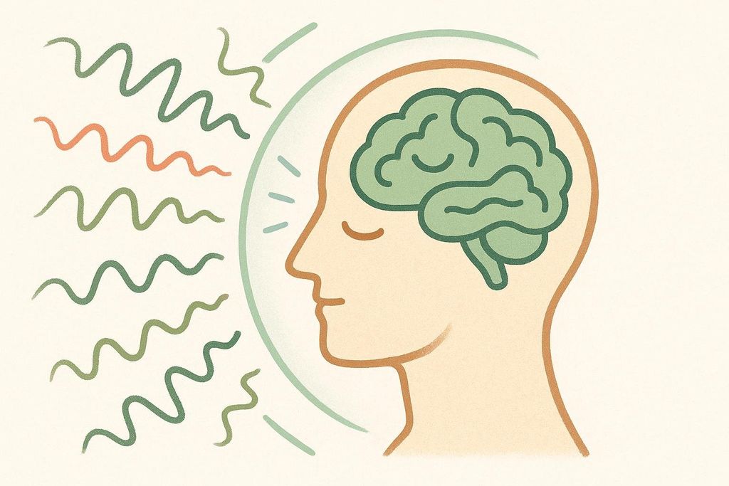 An illustration of a side profile of a head with a green brain inside. Wavy lines of various green shades and one orange shade are shown outside the head, representing external stress. A light green, circular shield-like barrier surrounds the head, deflecting the wavy lines, symbolizing protection or a calm mind.