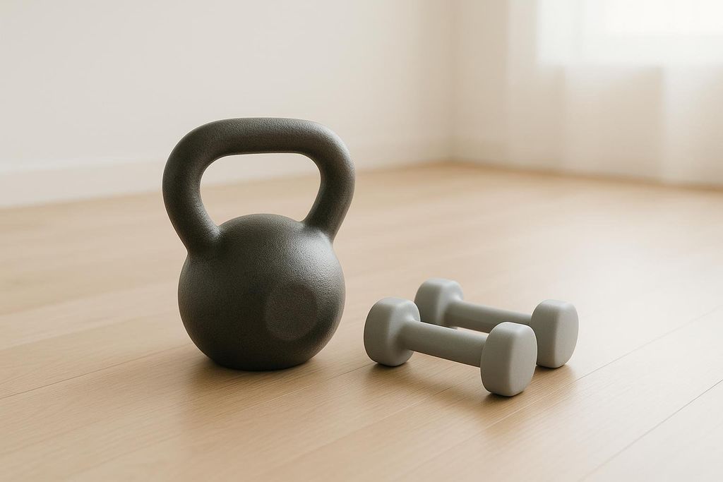 A dark gray kettlebell is positioned on the left side of a light wood floor. To its right are two light gray dumbbells lying parallel, suggesting a home workout or fitness setting.